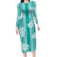 Hawaii Kakau Tribal Long Sleeve Bodycon Dress With Teal Tiare