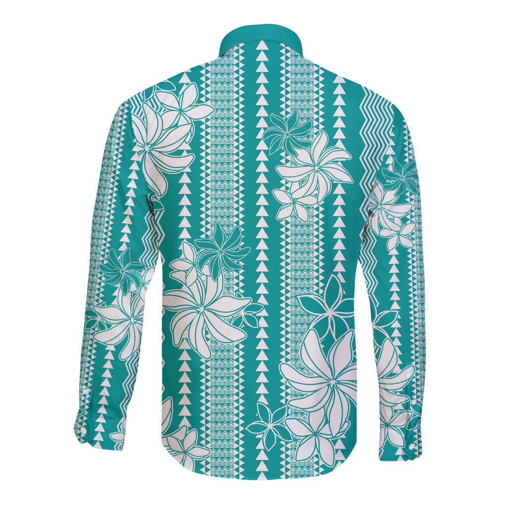 Hawaii Kakau Tribal Long Sleeve Button Shirt With Teal Tiare