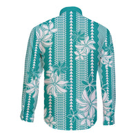 Hawaii Kakau Tribal Long Sleeve Button Shirt With Teal Tiare