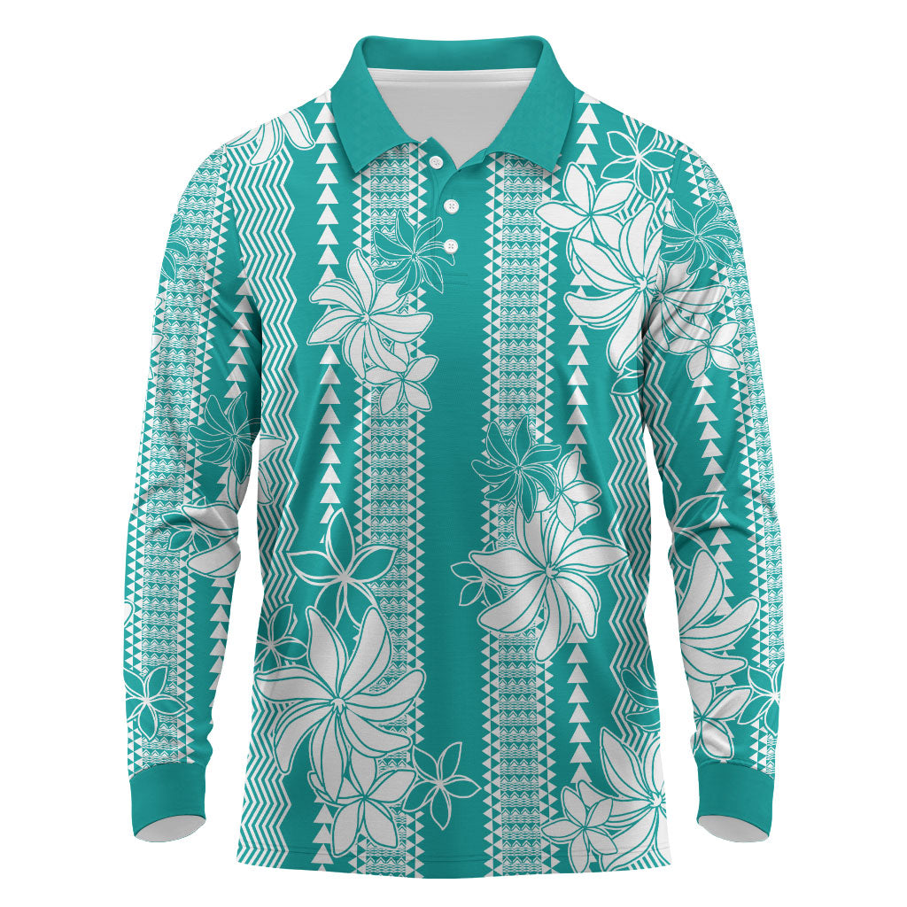Hawaii Kakau Tribal Long Sleeve Polo Shirt With Teal Tiare