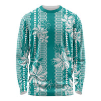 Hawaii Kakau Tribal Long Sleeve Shirt With Teal Tiare