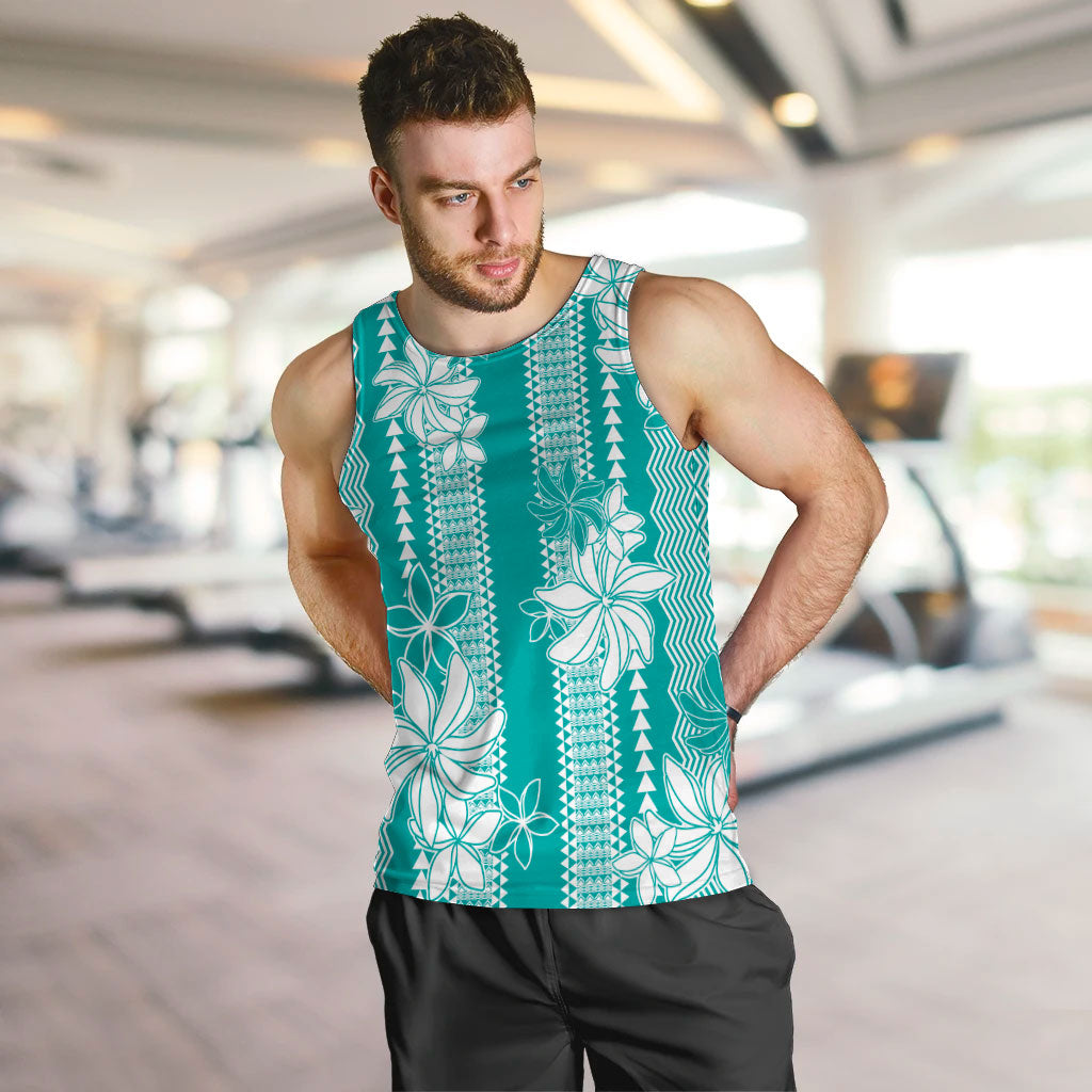 Hawaii Kakau Tribal Men Tank Top With Teal Tiare