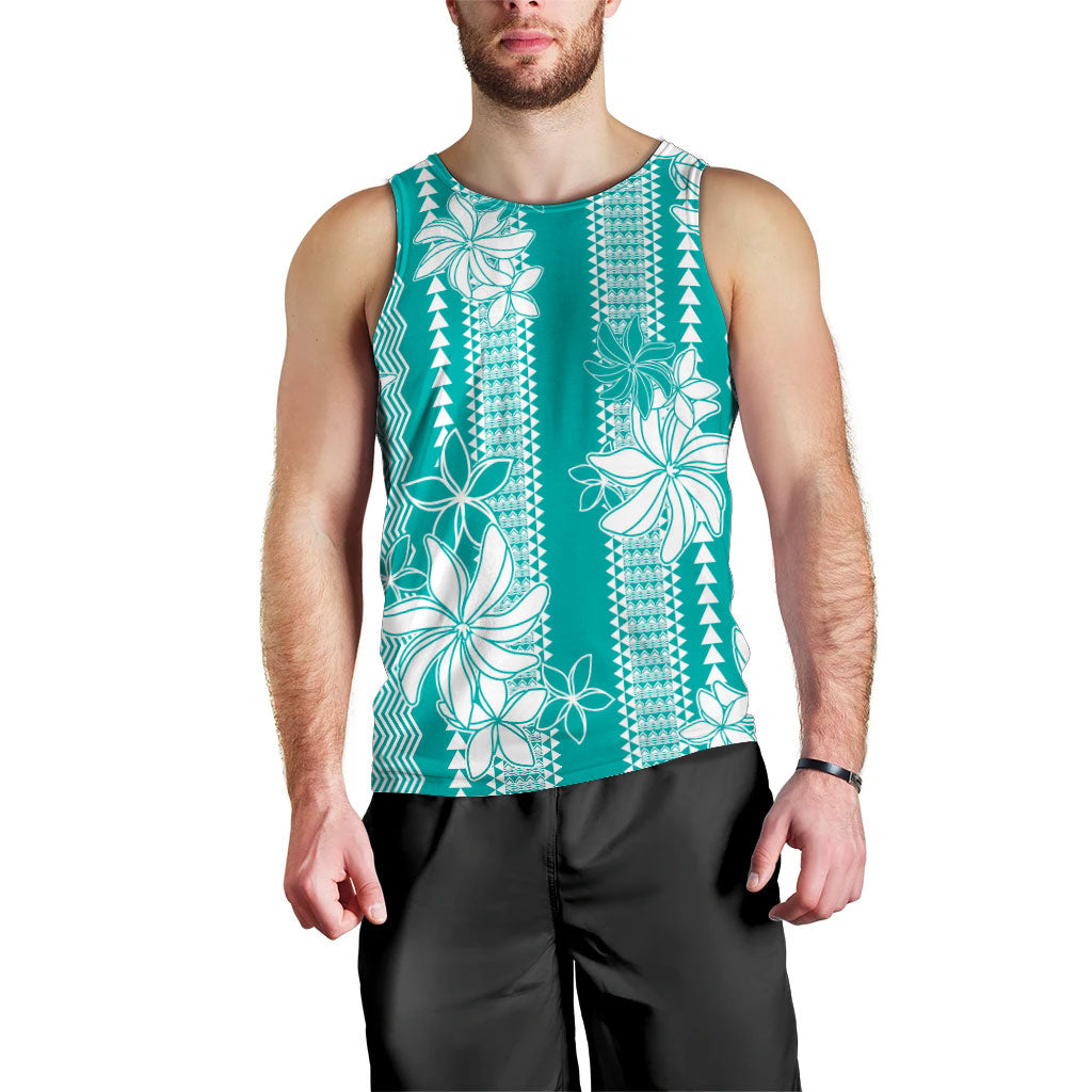Hawaii Kakau Tribal Men Tank Top With Teal Tiare