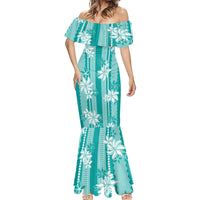 Hawaii Kakau Tribal Mermaid Dress With Teal Tiare