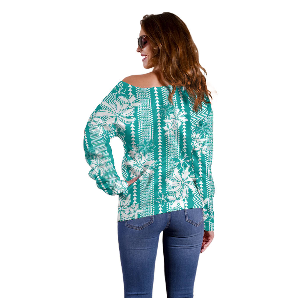 Hawaii Kakau Tribal Off Shoulder Sweater With Teal Tiare