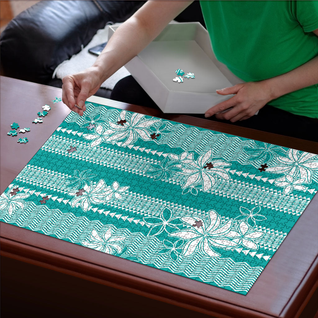 Hawaii Kakau Tribal Puzzle With Teal Tiare