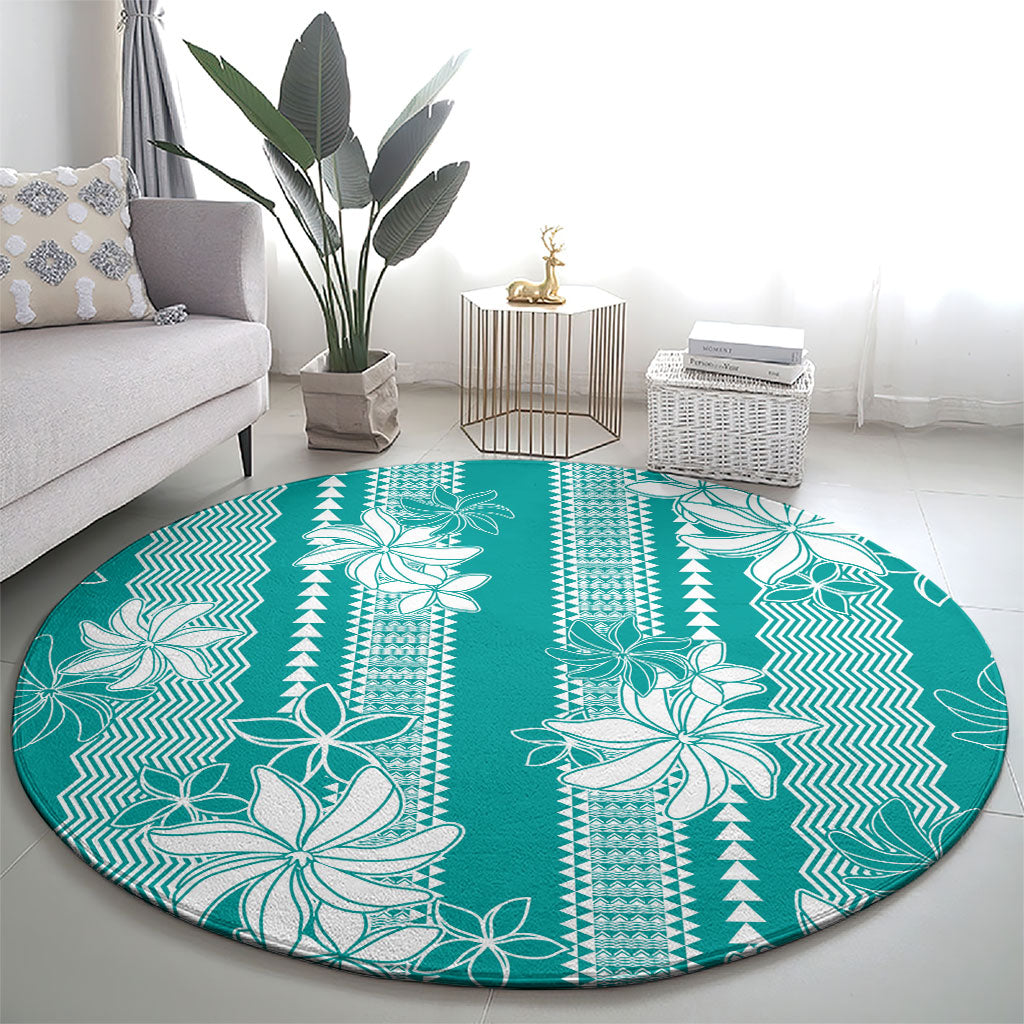 Hawaii Kakau Tribal Round Carpet With Teal Tiare
