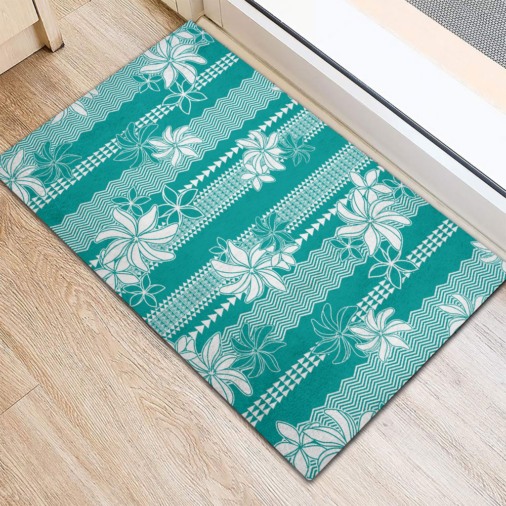 Hawaii Kakau Tribal Rubber Doormat With Teal Tiare