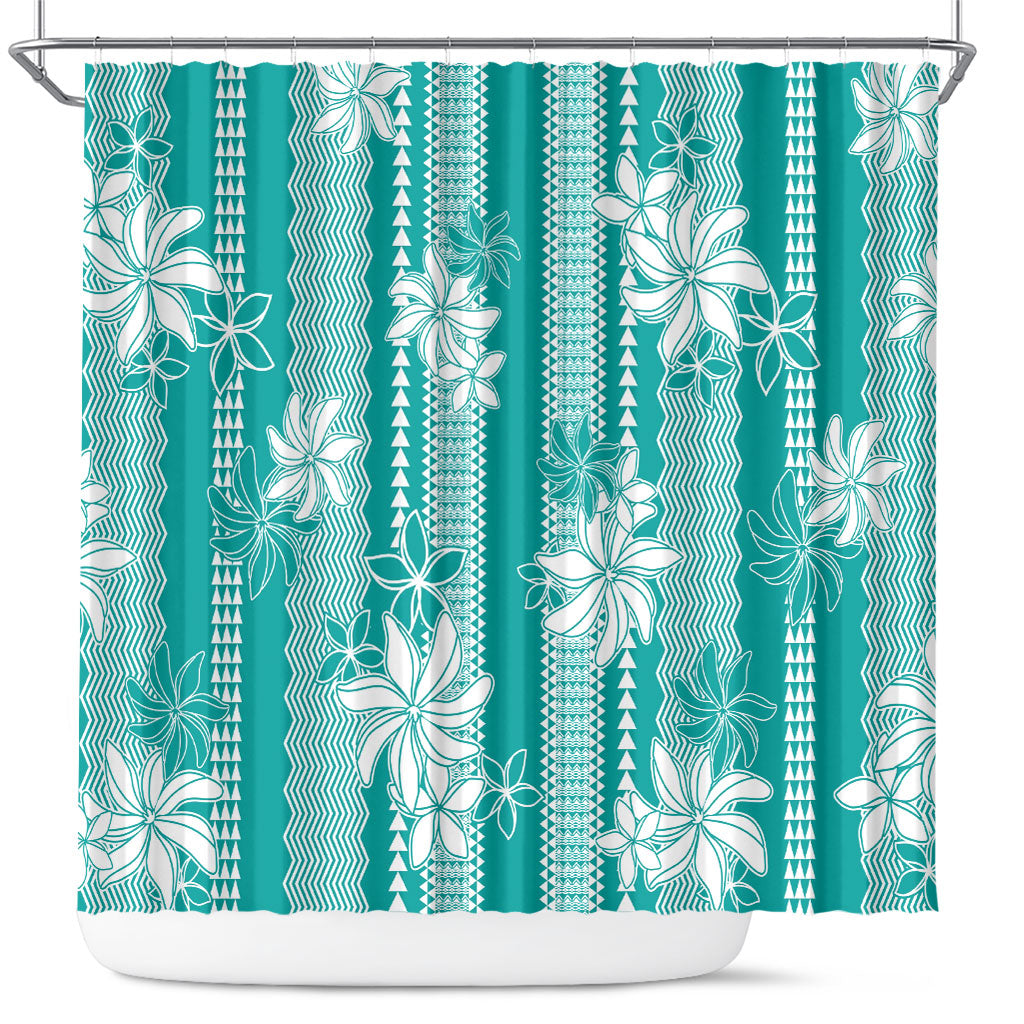 Hawaii Kakau Tribal Shower Curtain With Teal Tiare LT05 Teal - Polynesian Pride