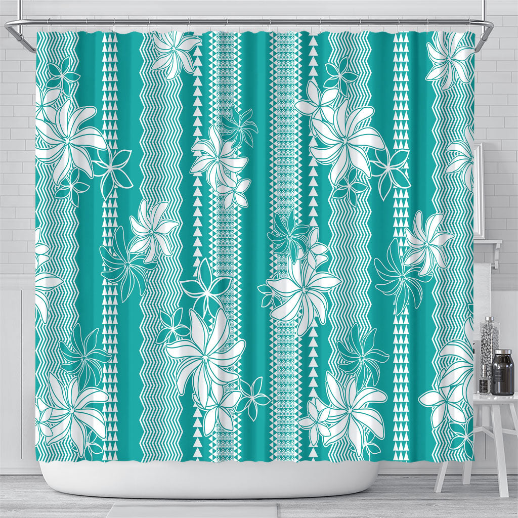 Hawaii Kakau Tribal Shower Curtain With Teal Tiare
