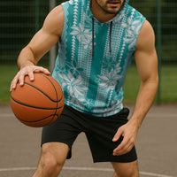 Hawaii Kakau Tribal Sleeveless Hoodie With Teal Tiare
