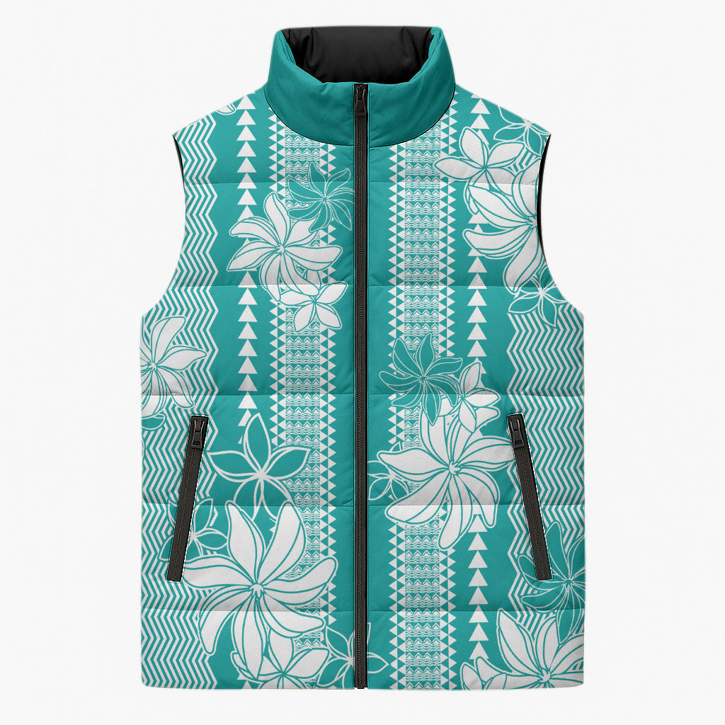 Hawaii Kakau Tribal Sleeveless Puffer Jacket With Teal Tiare LT05 Unisex Teal - Polynesian Pride