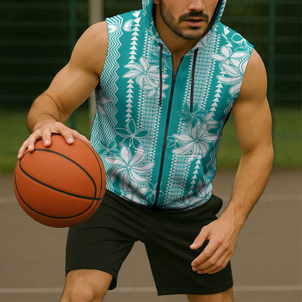 Hawaii Kakau Tribal Sleeveless Zip Hoodie With Teal Tiare
