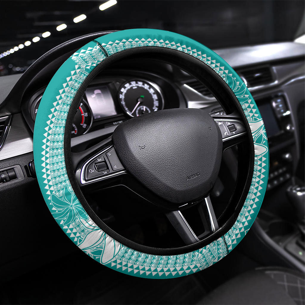 Hawaii Kakau Tribal Steering Wheel Cover With Teal Tiare LT05 Universal Fit Teal - Polynesian Pride