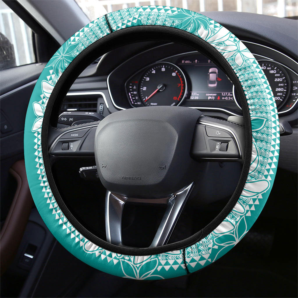 Hawaii Kakau Tribal Steering Wheel Cover With Teal Tiare