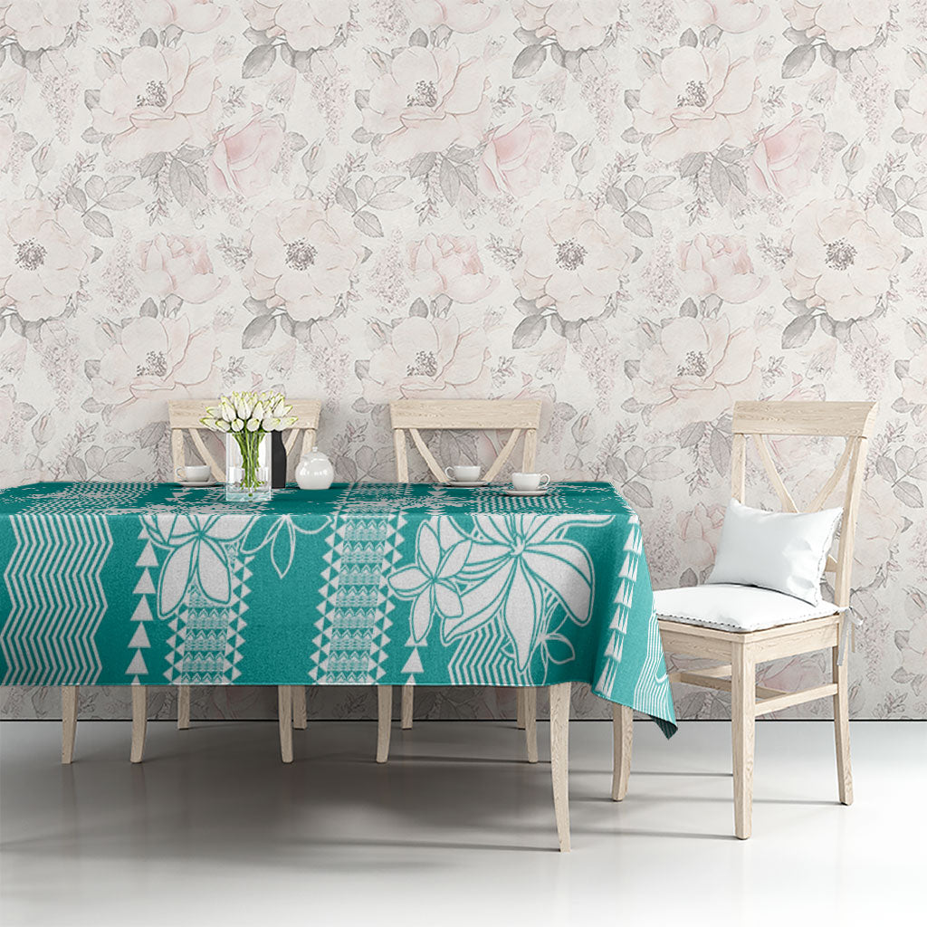 Hawaii Kakau Tribal Tablecloth With Teal Tiare