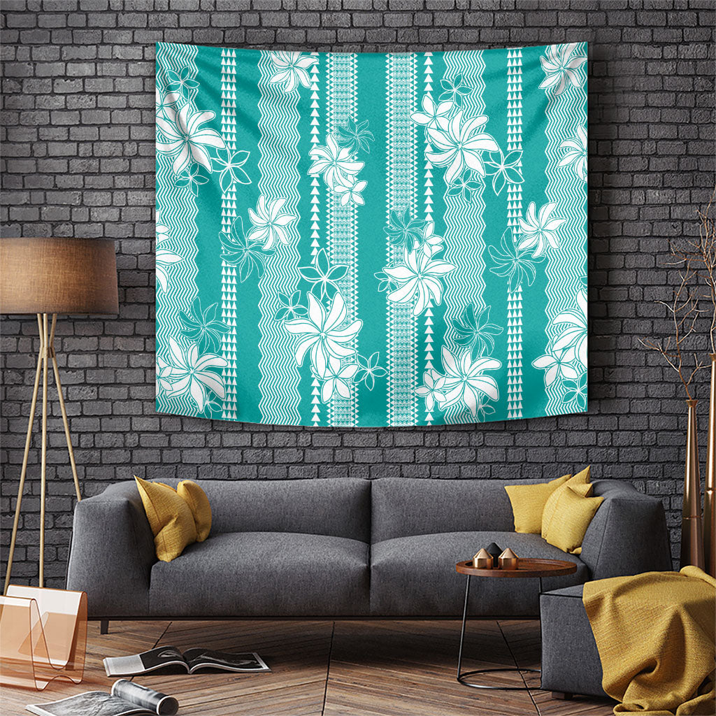 Hawaii Kakau Tribal Tapestry With Teal Tiare