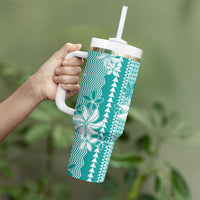 Hawaii Kakau Tribal Tumbler With Handle With Teal Tiare