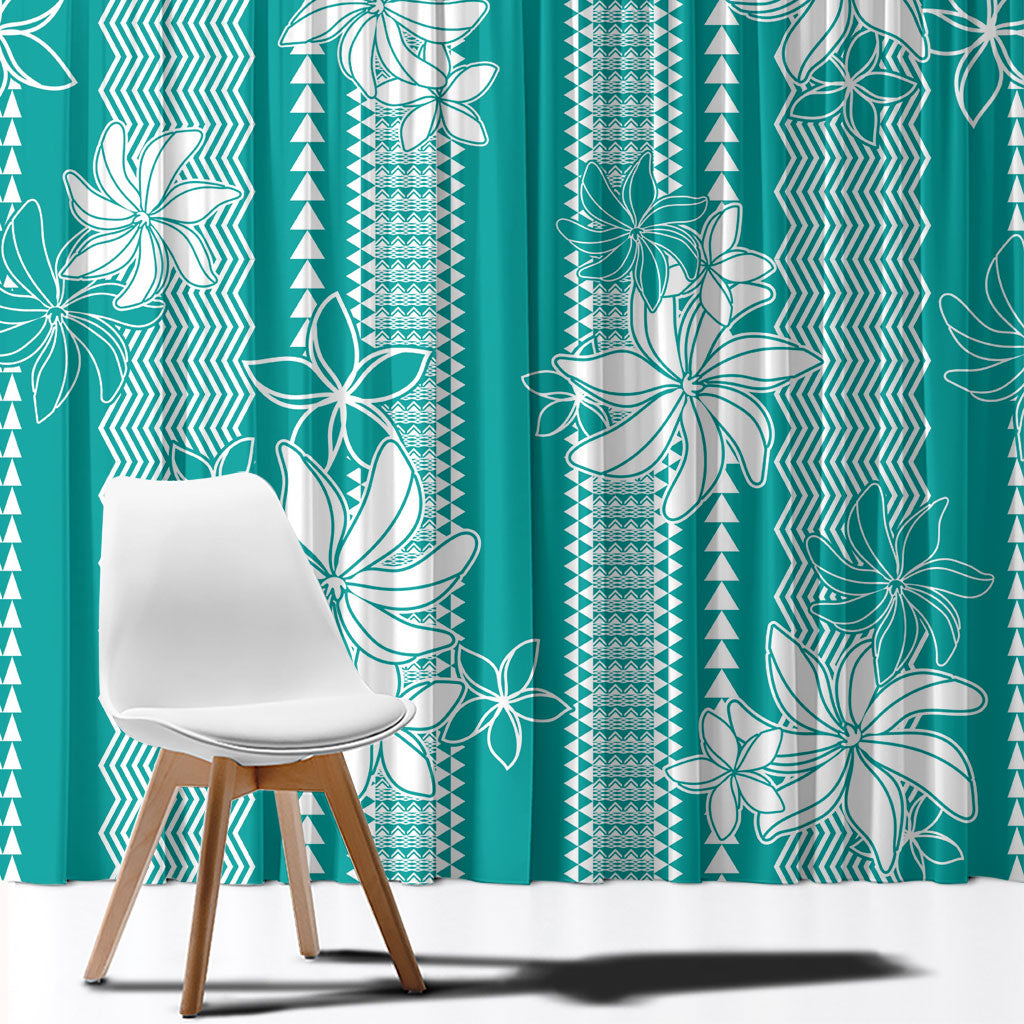 Hawaii Kakau Tribal Window Curtain With Teal Tiare