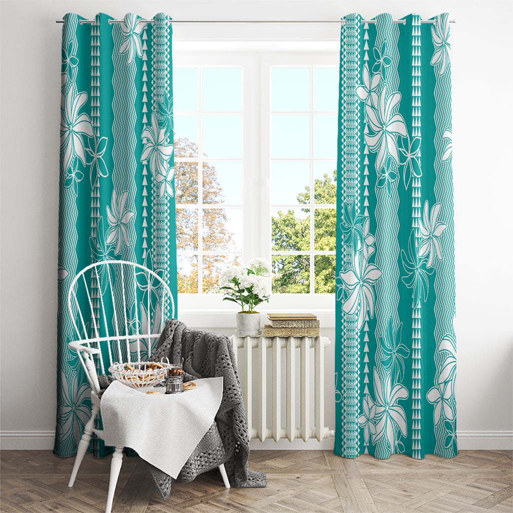 Hawaii Kakau Tribal Window Curtain With Teal Tiare