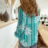 Hawaii Kakau Tribal Women Casual Shirt With Teal Tiare