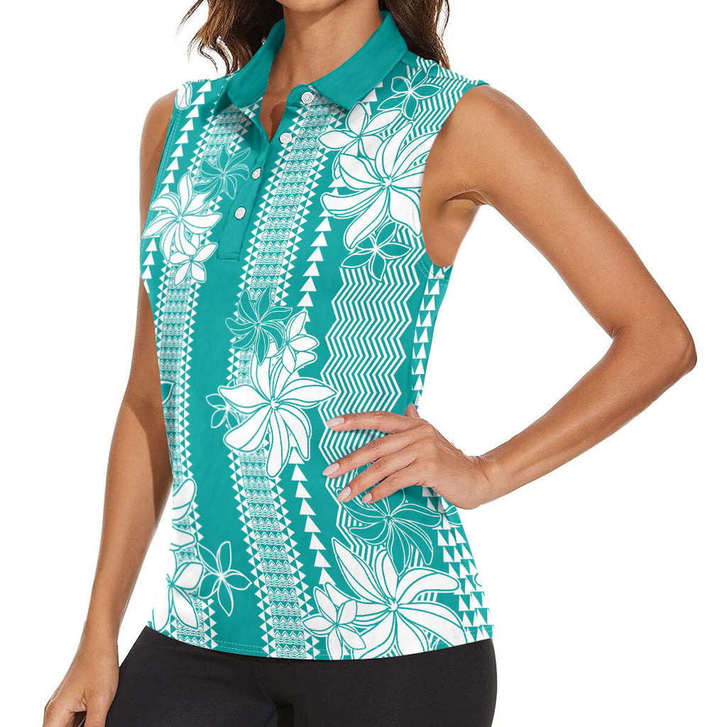 Hawaii Kakau Tribal Women Sleeveless Polo Shirt With Teal Tiare