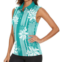 Hawaii Kakau Tribal Women Sleeveless Polo Shirt With Teal Tiare
