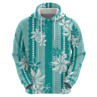 Hawaii Kakau Tribal Zip Hoodie With Teal Tiare
