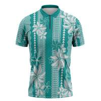 Hawaii Kakau Tribal Zipper Polo Shirt With Teal Tiare