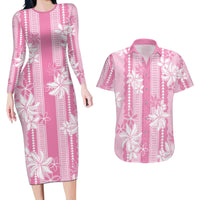 Hawaii Kakau Tribal Couples Matching Long Sleeve Bodycon Dress and Hawaiian Shirt With Pink Tiare