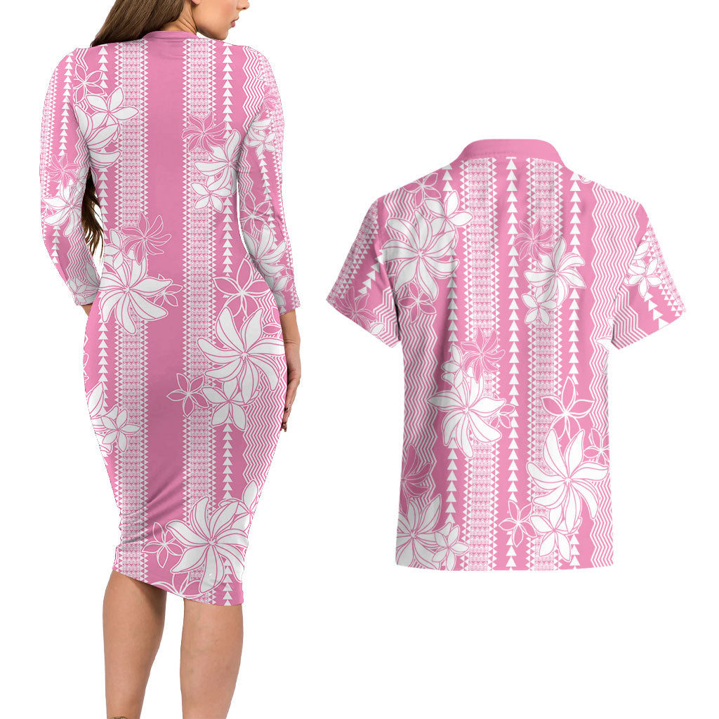 Hawaii Kakau Tribal Couples Matching Long Sleeve Bodycon Dress and Hawaiian Shirt With Pink Tiare
