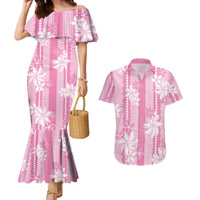 Hawaii Kakau Tribal Couples Matching Mermaid Dress and Hawaiian Shirt With Pink Tiare