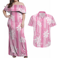 Hawaii Kakau Tribal Couples Matching Off Shoulder Maxi Dress and Hawaiian Shirt With Pink Tiare