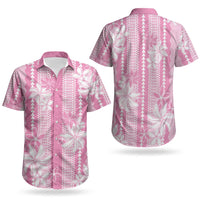 Hawaii Kakau Tribal Couples Matching Off Shoulder Short Dress and Hawaiian Shirt With Pink Tiare LT05 - Polynesian Pride