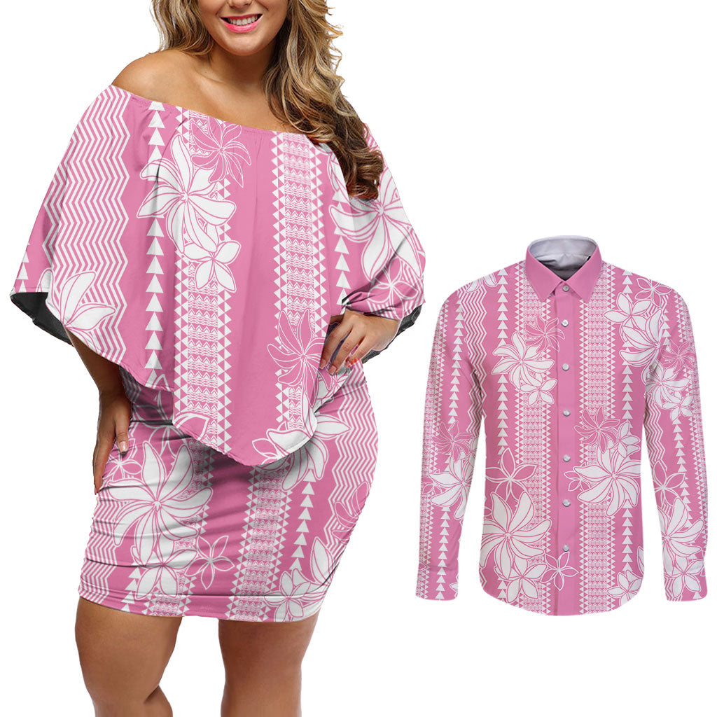 Hawaii Kakau Tribal Couples Matching Off Shoulder Short Dress and Long Sleeve Button Shirt With Pink Tiare