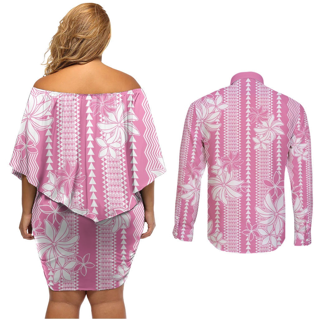 Hawaii Kakau Tribal Couples Matching Off Shoulder Short Dress and Long Sleeve Button Shirt With Pink Tiare