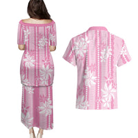 Hawaii Kakau Tribal Couples Matching Puletasi and Hawaiian Shirt With Pink Tiare