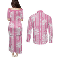 Hawaii Kakau Tribal Couples Matching Puletasi and Long Sleeve Button Shirt With Pink Tiare