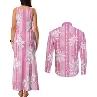 Hawaii Kakau Tribal Couples Matching Tank Maxi Dress and Long Sleeve Button Shirt With Pink Tiare LT05 - Polynesian Pride
