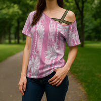 Hawaii Kakau Tribal Cross Shoulder Shirt With Pink Tiare
