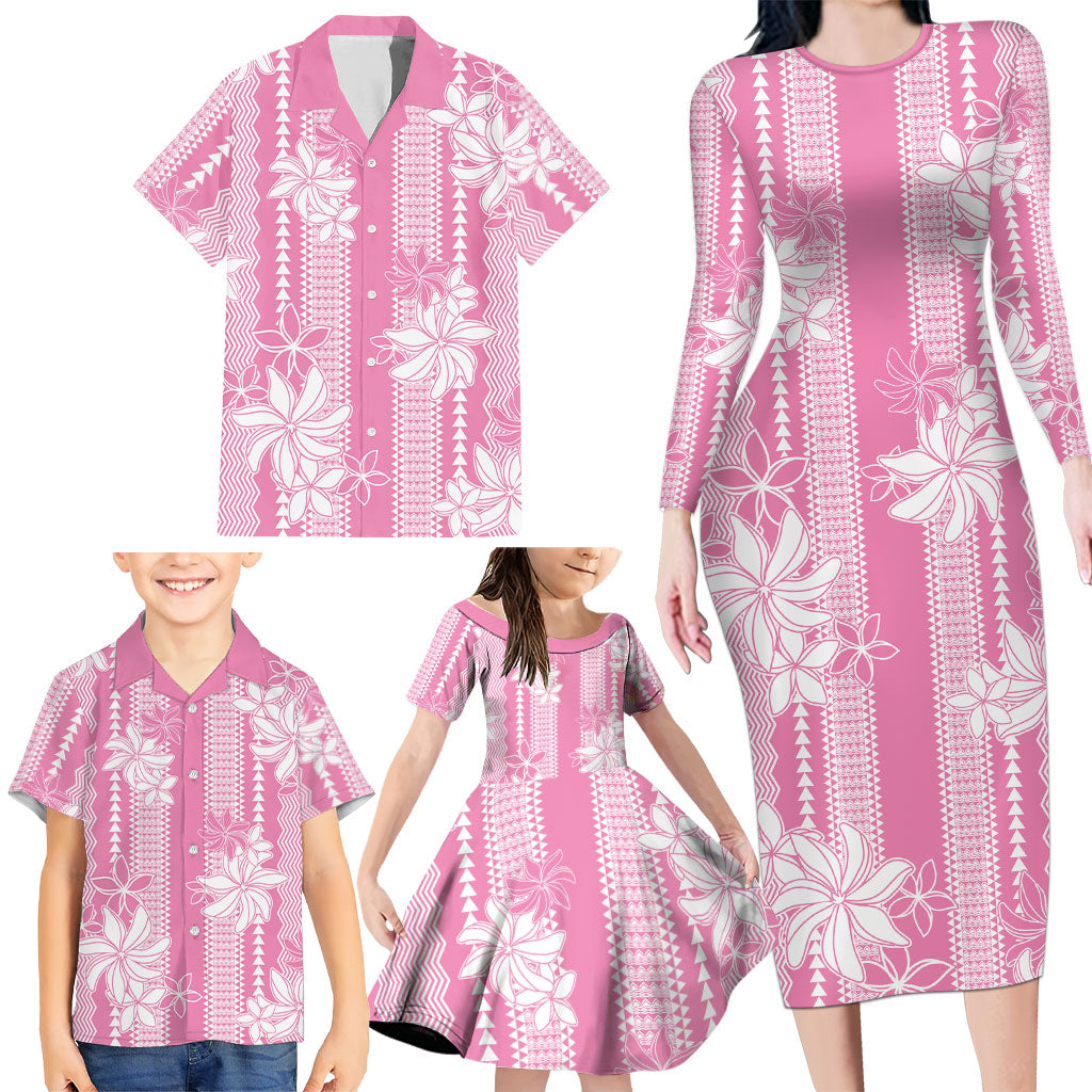 Hawaii Kakau Tribal Family Matching Long Sleeve Bodycon Dress and Hawaiian Shirt With Pink Tiare LT05 - Polynesian Pride