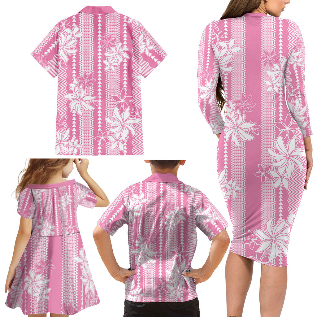 Hawaii Kakau Tribal Family Matching Long Sleeve Bodycon Dress and Hawaiian Shirt With Pink Tiare LT05 - Polynesian Pride