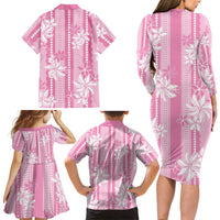 Hawaii Kakau Tribal Family Matching Long Sleeve Bodycon Dress and Hawaiian Shirt With Pink Tiare LT05 - Polynesian Pride