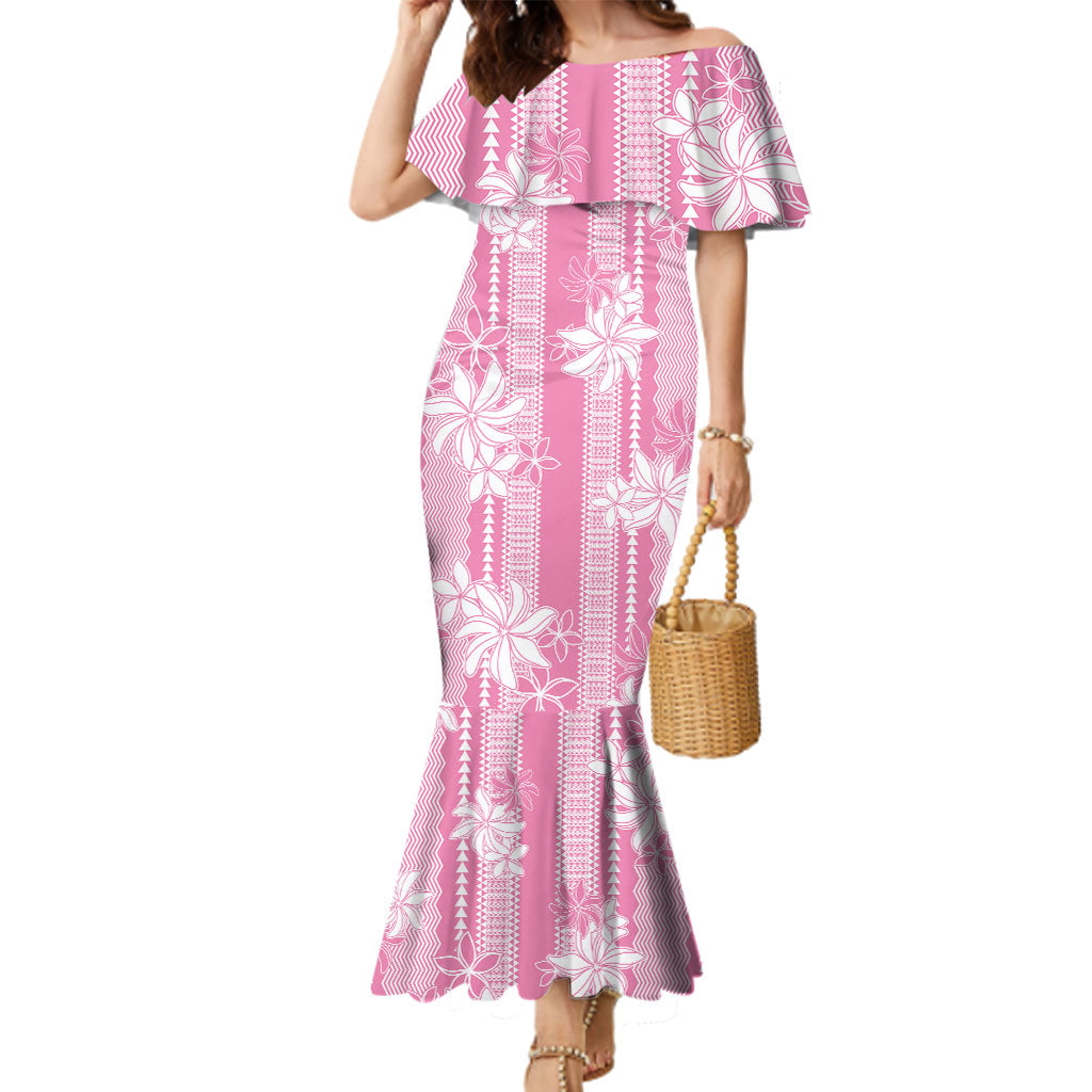 Hawaii Kakau Tribal Family Matching Mermaid Dress and Hawaiian Shirt With Pink Tiare LT05 Mom's Dress Pink - Polynesian Pride
