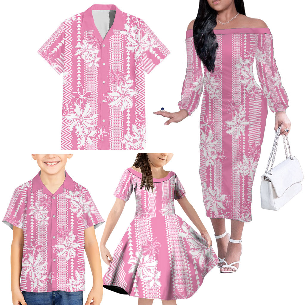 Hawaii Kakau Tribal Family Matching Off The Shoulder Long Sleeve Dress and Hawaiian Shirt With Pink Tiare LT05 - Polynesian Pride