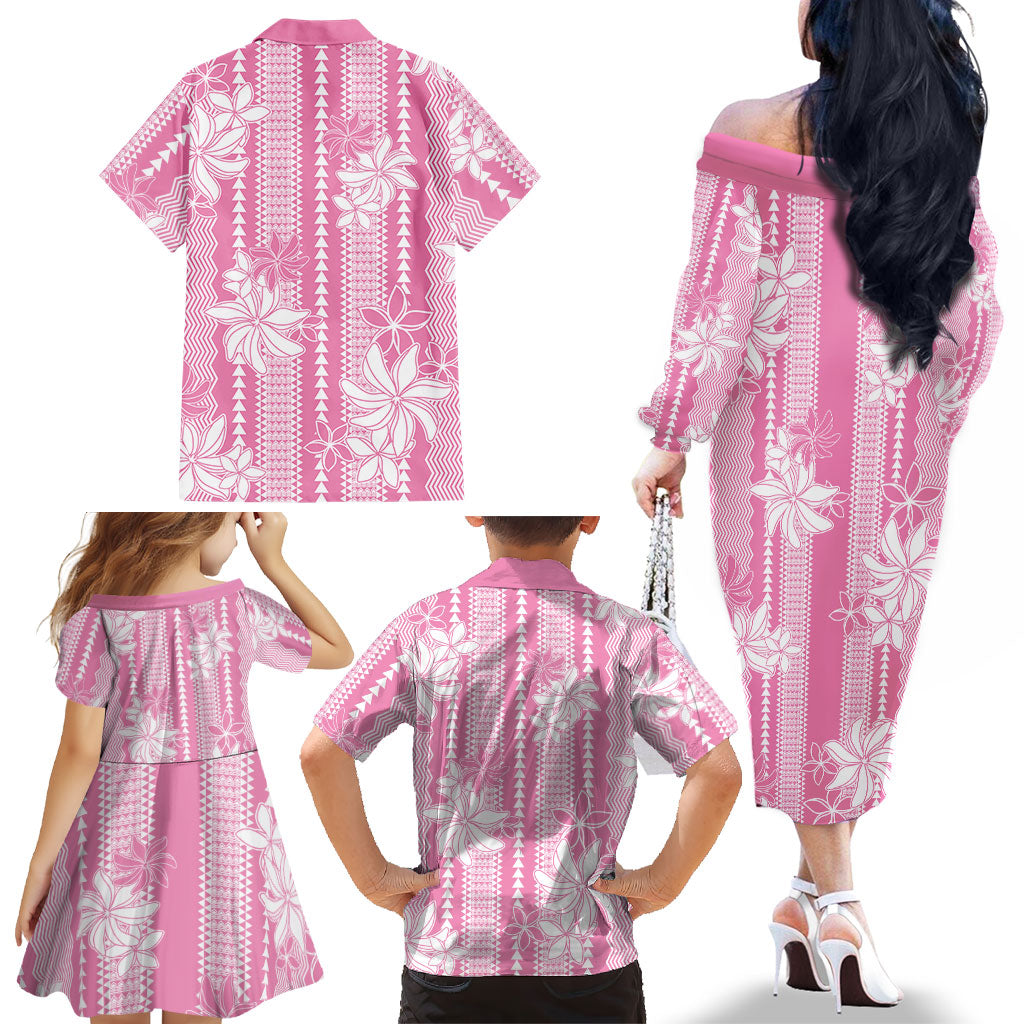 Hawaii Kakau Tribal Family Matching Off The Shoulder Long Sleeve Dress and Hawaiian Shirt With Pink Tiare LT05 - Polynesian Pride