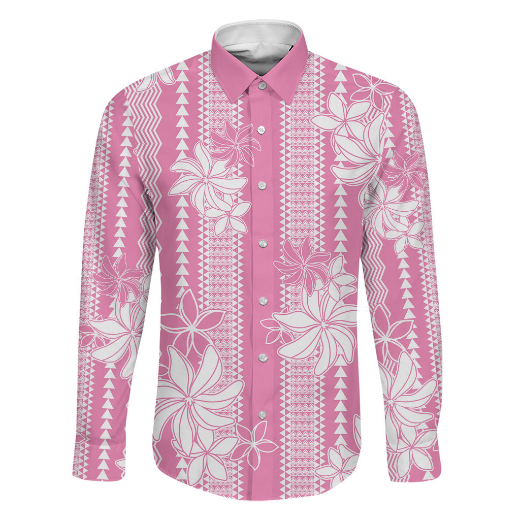 Hawaii Kakau Tribal Family Matching Off The Shoulder Long Sleeve Dress and Hawaiian Shirt With Pink Tiare LT05 Dad's Shirt - Long Sleeve Pink - Polynesian Pride