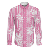 Hawaii Kakau Tribal Family Matching Off The Shoulder Long Sleeve Dress and Hawaiian Shirt With Pink Tiare LT05 Dad's Shirt - Long Sleeve Pink - Polynesian Pride
