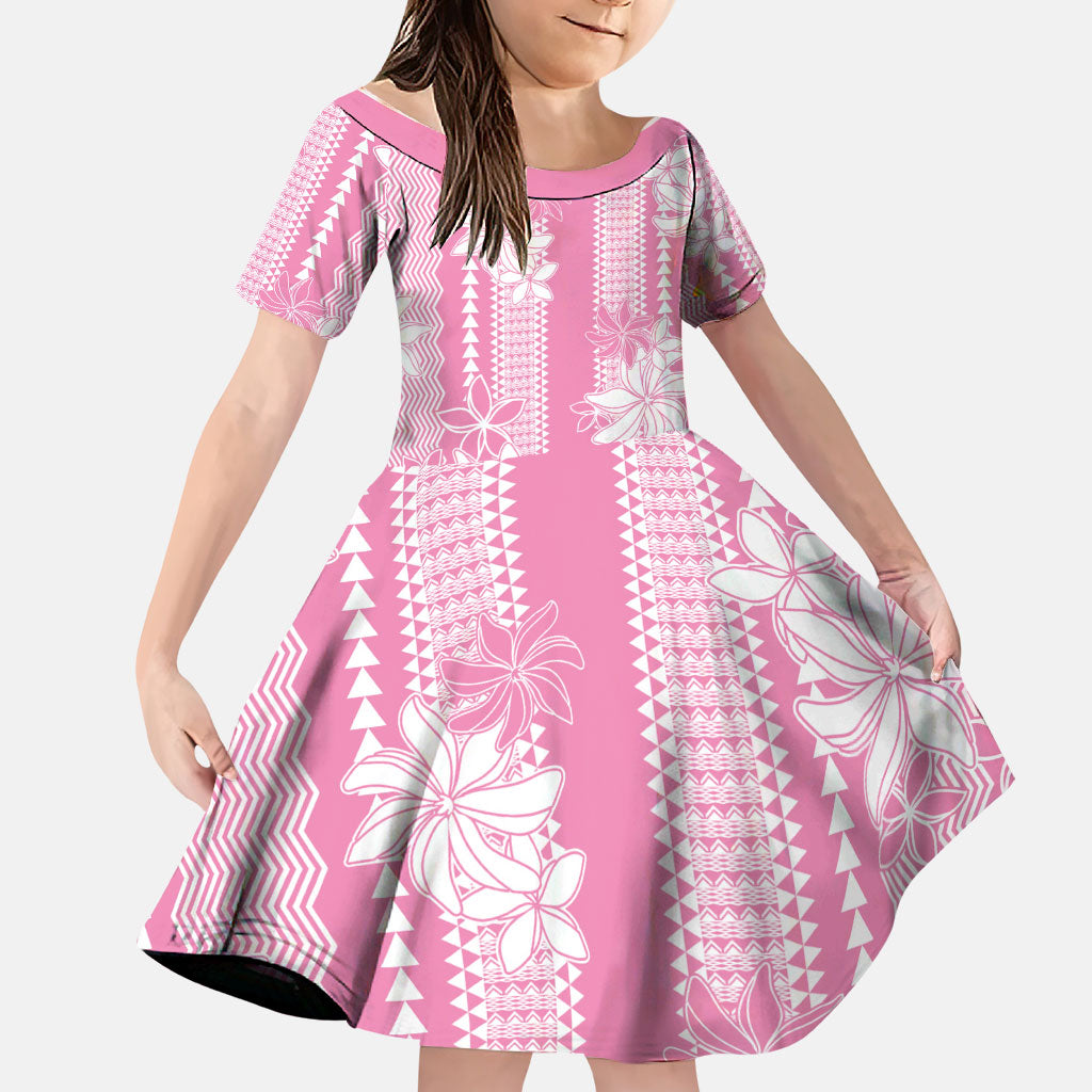 Hawaii Kakau Tribal Family Matching Short Sleeve Bodycon Dress and Hawaiian Shirt With Pink Tiare LT05 Daughter's Dress Pink - Polynesian Pride