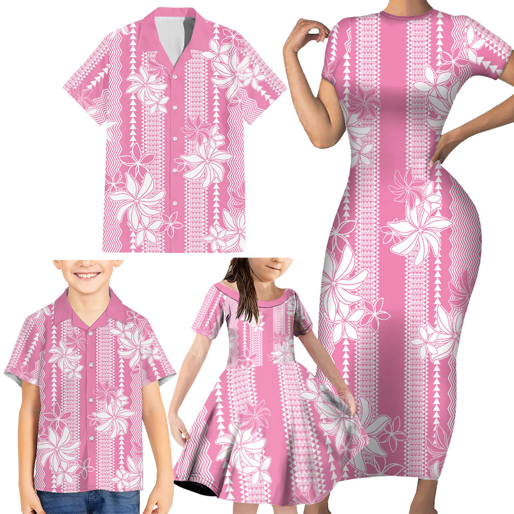 Hawaii Kakau Tribal Family Matching Short Sleeve Bodycon Dress and Hawaiian Shirt With Pink Tiare